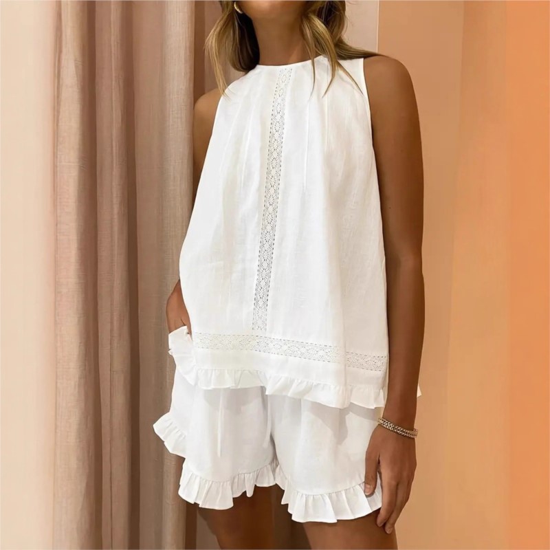 New Women Summer 2Piece Set Wh - Elastic Lace Trim recension och pris